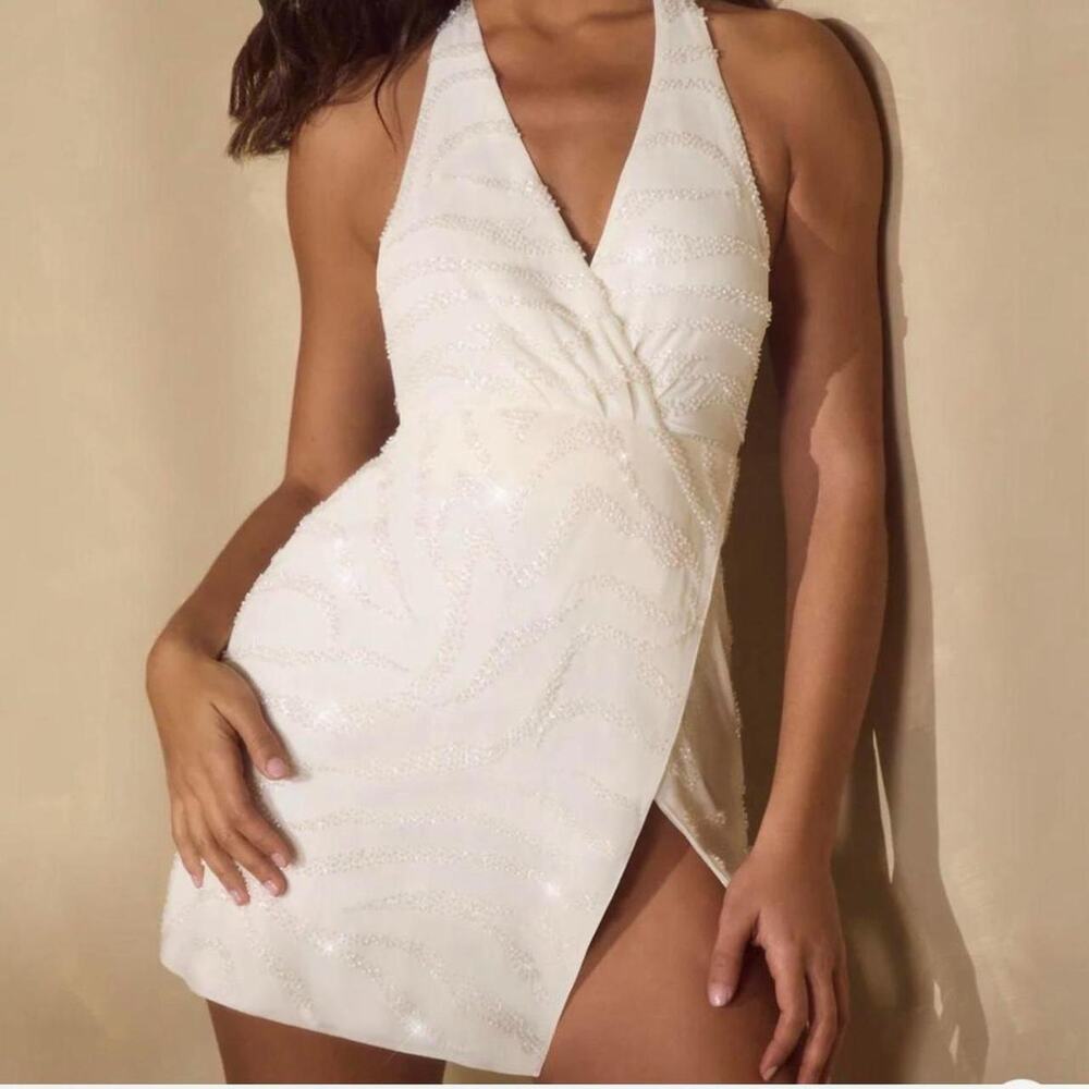 oh polly saskia sleeveless wrap mini  dress halter high slip beaded white